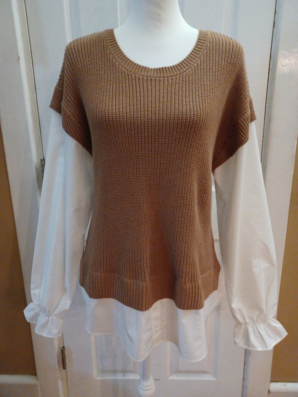 Belldini Mixed Media Layered Look Sweater Vest Shirt Combo Camel Brown